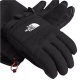 North Face Women's Montana Glove - A black glove with a white logo on the wrist, featuring a strap closure and a red pull tab.