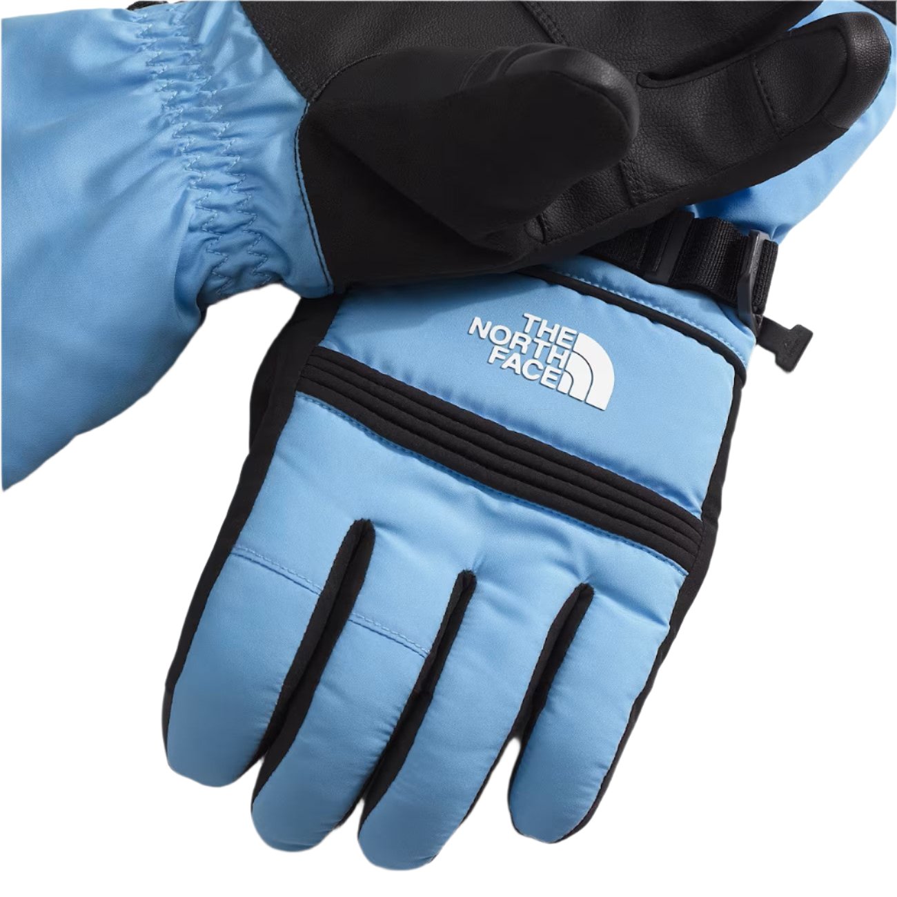 North Face Women's Montana Glove - A pair of gloves with a light blue palm and black fingers, featuring a white logo on the wrist strap.