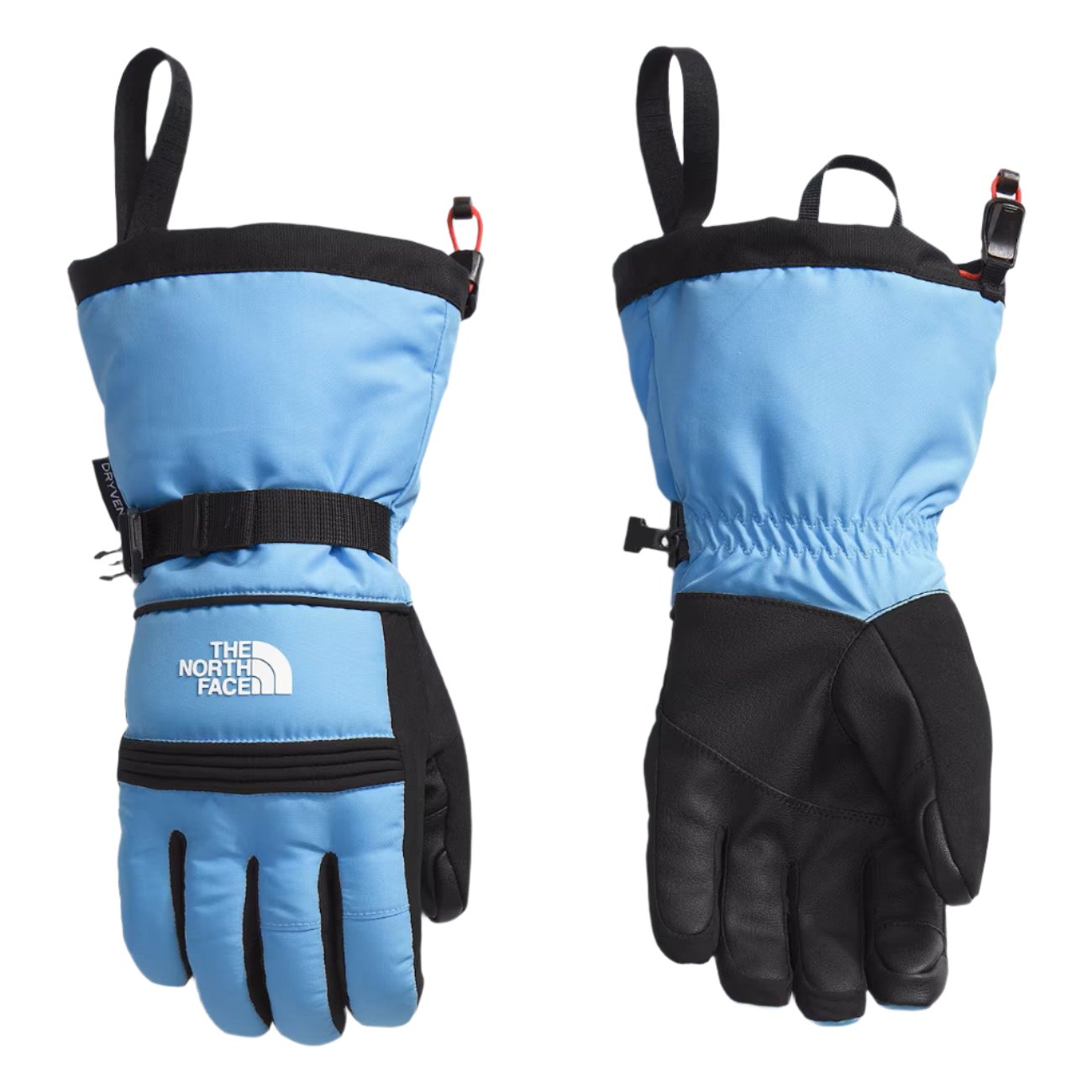 North Face Women's Montana Glove - A light blue glove with a black strap and buckle on the wrist, featuring a white logo on the back of the hand.
