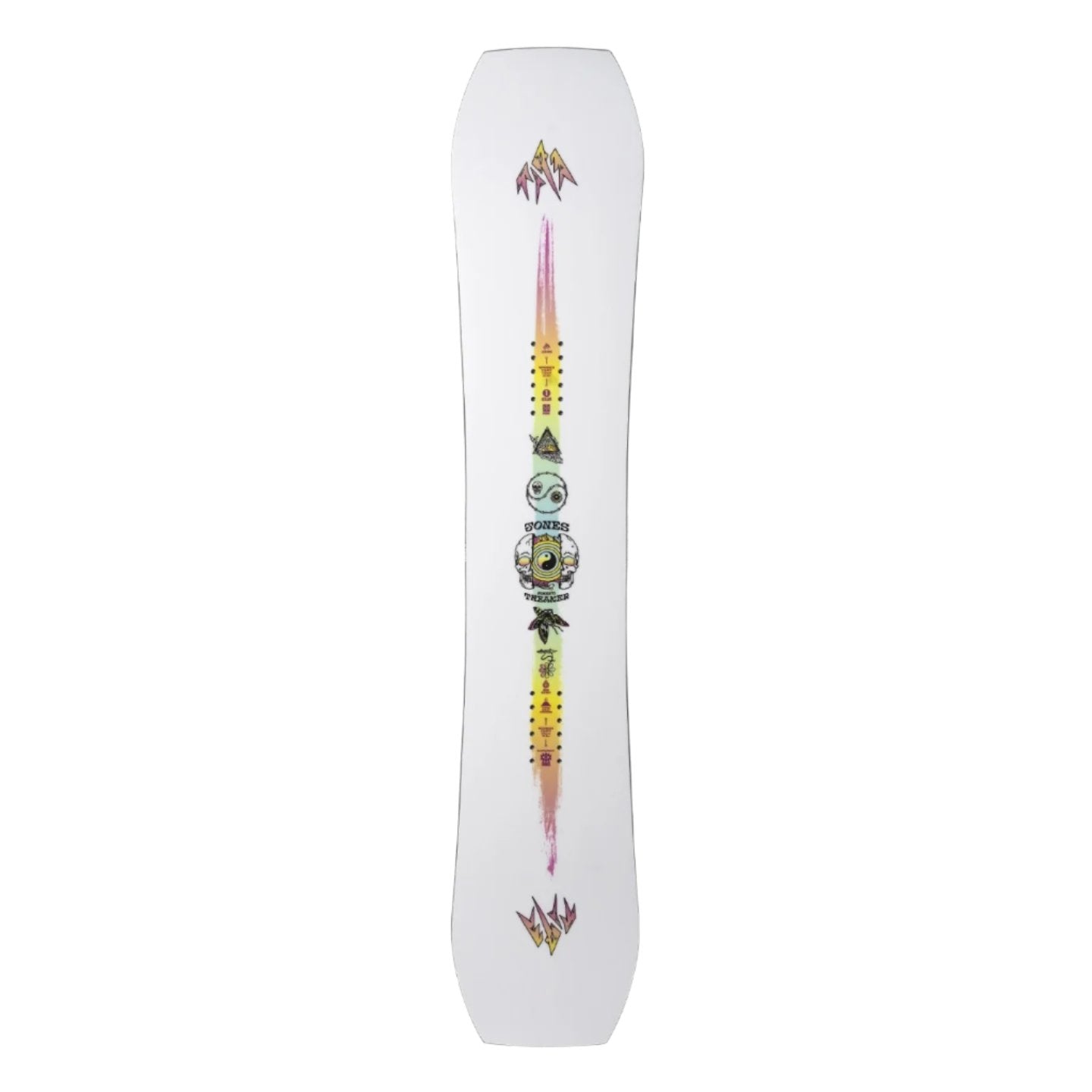 Jones Women's Tweaker Snowboard 2025 - A white snowboard with a vertical gradient of yellow and orange on the bottom half, featuring a logo in the center that says "JONES" in black letters above an eye.