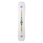 Jones Women's Tweaker Snowboard 2025 - A white snowboard with a vertical gradient of yellow and orange on the bottom half, featuring a logo in the center that says "JONES" in black letters above an eye.