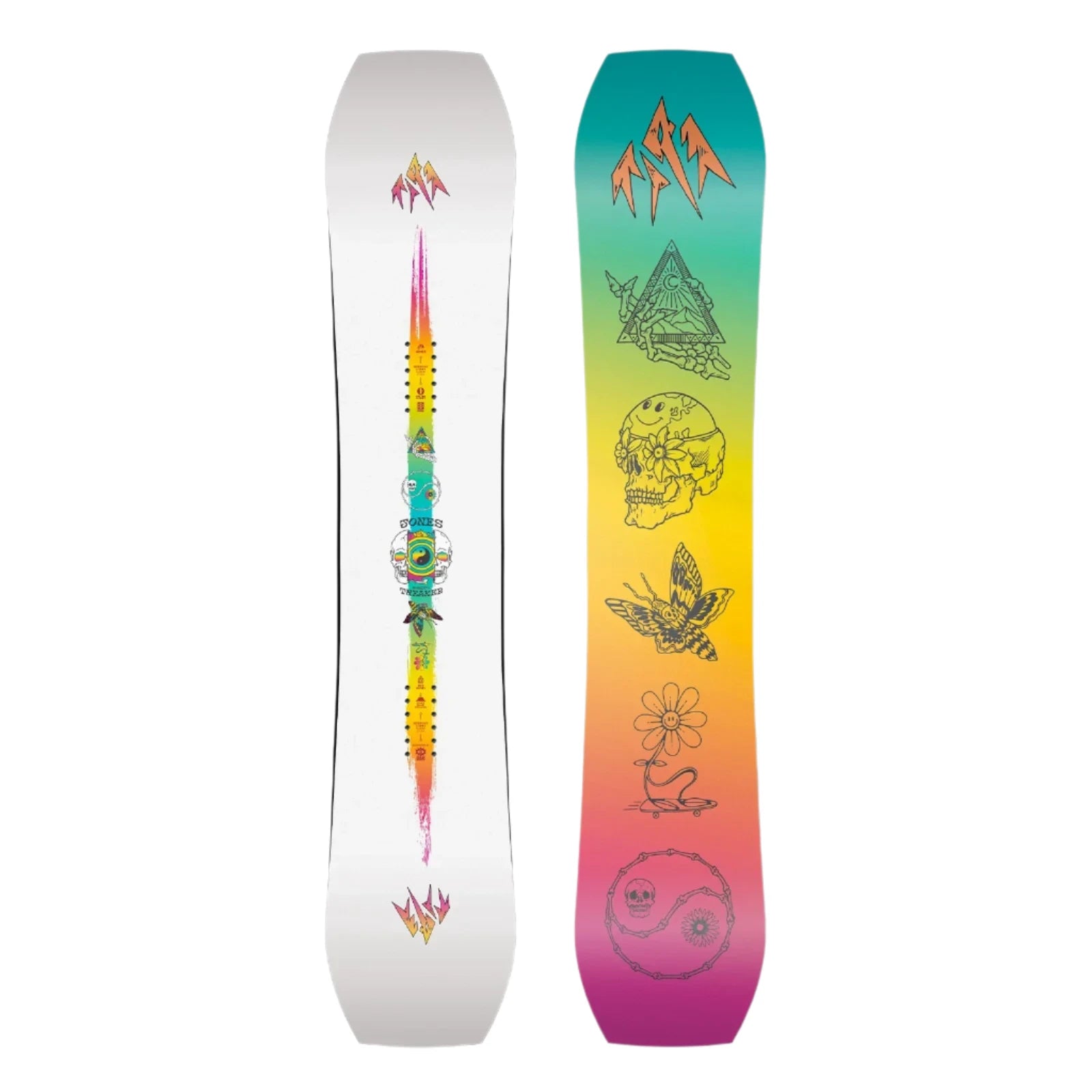 Jones Women's Tweaker Snowboard 2025 - A white snowboard with a rainbow gradient stripe down the middle and a skull logo in the center.