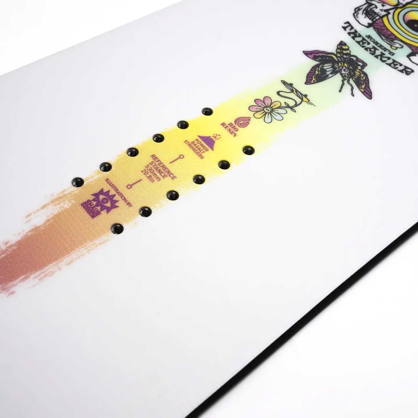 Jones Women's Tweaker Snowboard 2025 - White snowboard with a purple logo on top and a black binding mount at the bottom.