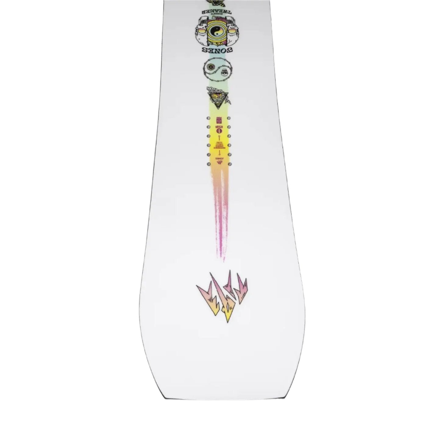Jones Women's Tweaker Snowboard 2025 - A white snowboard with a black and yellow logo at the top, featuring a stylized "J" and "Tweaker".
