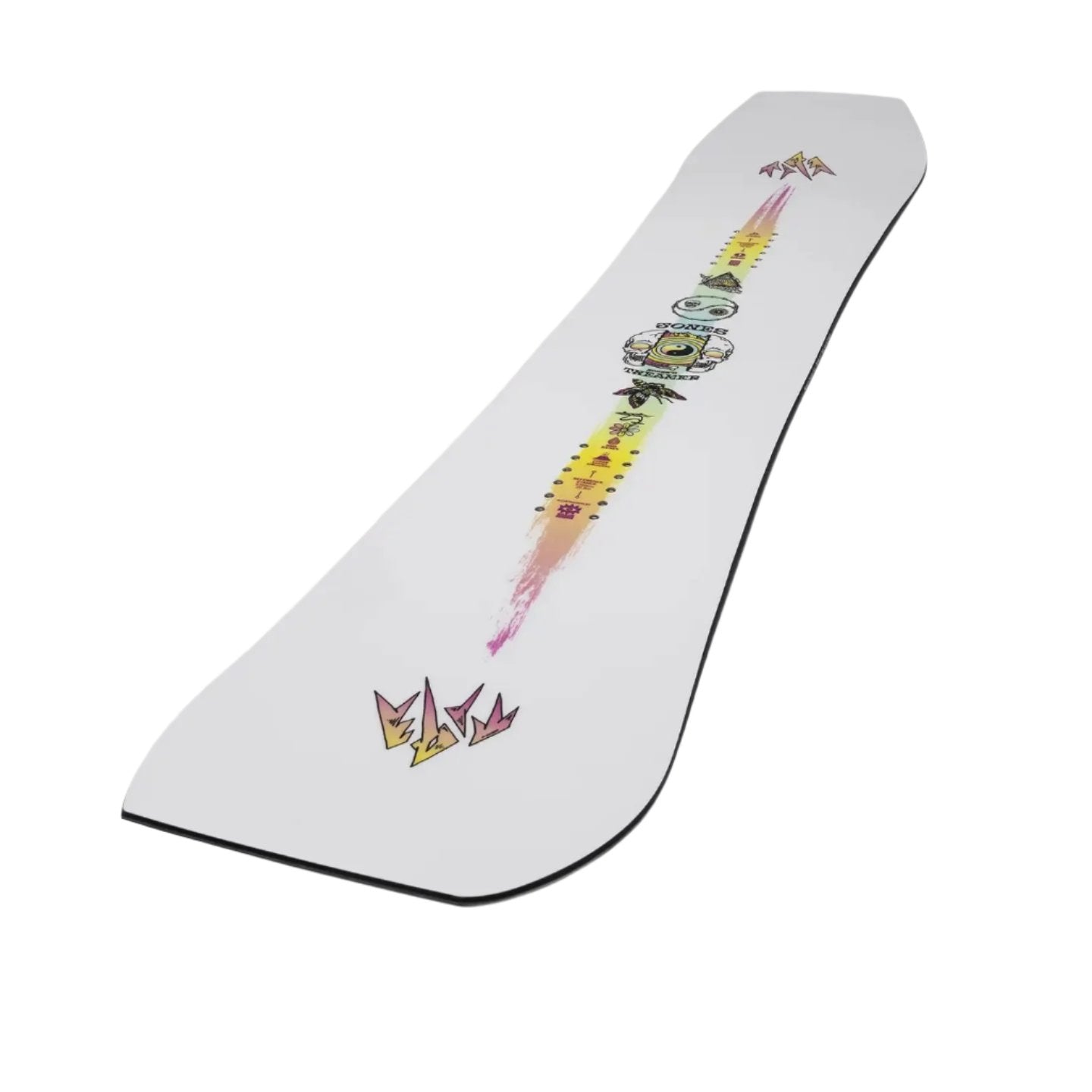 Jones Women's Tweaker Snowboard 2025 - A white snowboard with a rainbow-colored stripe down the middle and a logo that says "JONES" in black letters.