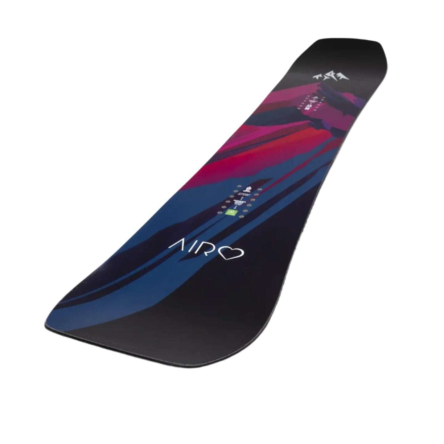 Jones Women's Airheart 2.0 Snowboard 2025 - A black snowboard with a pink and purple graphic design featuring a mountain range.