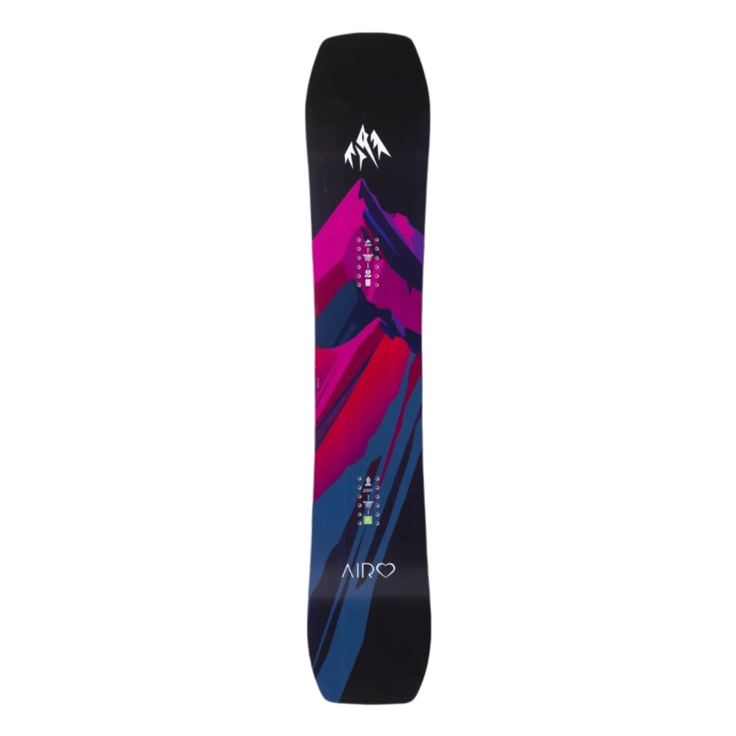 Jones Women's Airheart 2.0 Snowboard 2025 - A black snowboard with a pink and purple graphic of mountains on it.