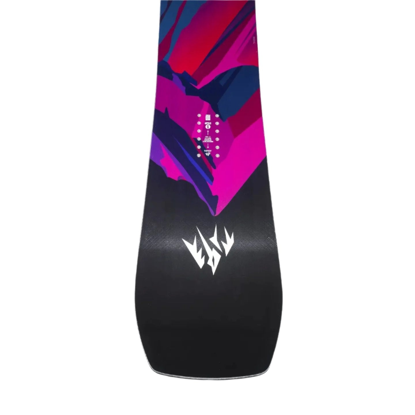 Jones Women's Airheart 2.0 Snowboard 2025 - A snowboard with a pink and purple abstract design on top of a black base, featuring white dots along the center.