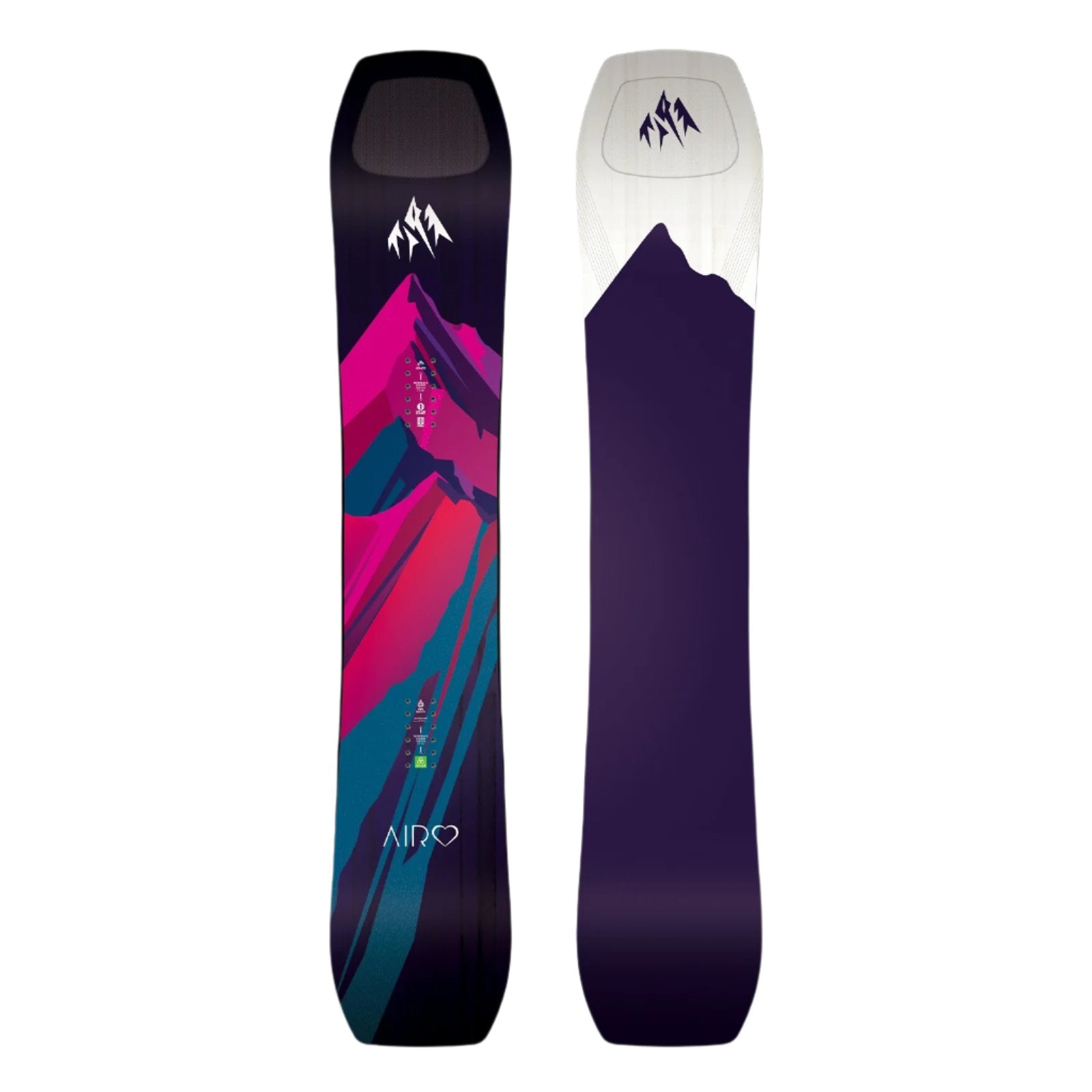 Jones Women's Airheart 2.0 Snowboard 2025 - A snowboard with a pink and blue abstract mountain design on a black background, featuring a white logo at the top.