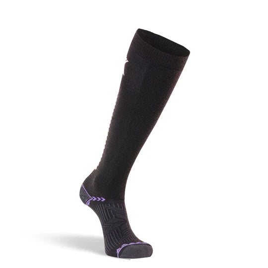Fox River Women's Chamonix Snowboard Socks - Black snowboard socks with purple accents and a subtle geometric pattern on the top portion.