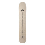Jones Women's Flagship Snowboard 2025 - A light-colored snowboard with a black logo featuring three mountain peaks at the top, and a black line design on the bottom.