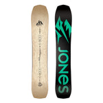 Jones Women's Flagship Snowboard 2025 - A light-colored woodgrain snowboard with a black logo featuring three mountain peaks at the top and a small "JONES" logo near the bottom.