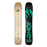 Jones Women's Flagship Snowboard 2025 - A light-colored woodgrain snowboard with a black logo featuring three mountain peaks at the top and a small "JONES" logo near the bottom.
