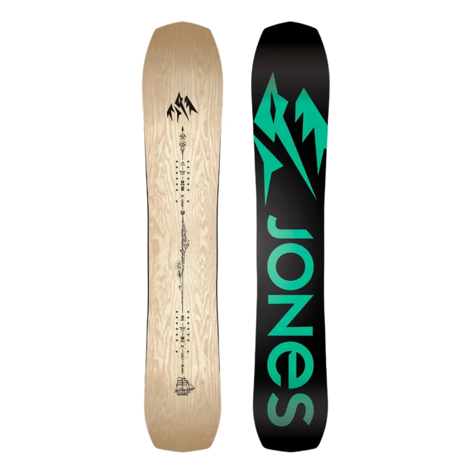 Jones Women's Flagship Snowboard 2025 - A light-colored woodgrain snowboard with a black logo featuring three mountain peaks at the top and a small "JONES" logo near the bottom.