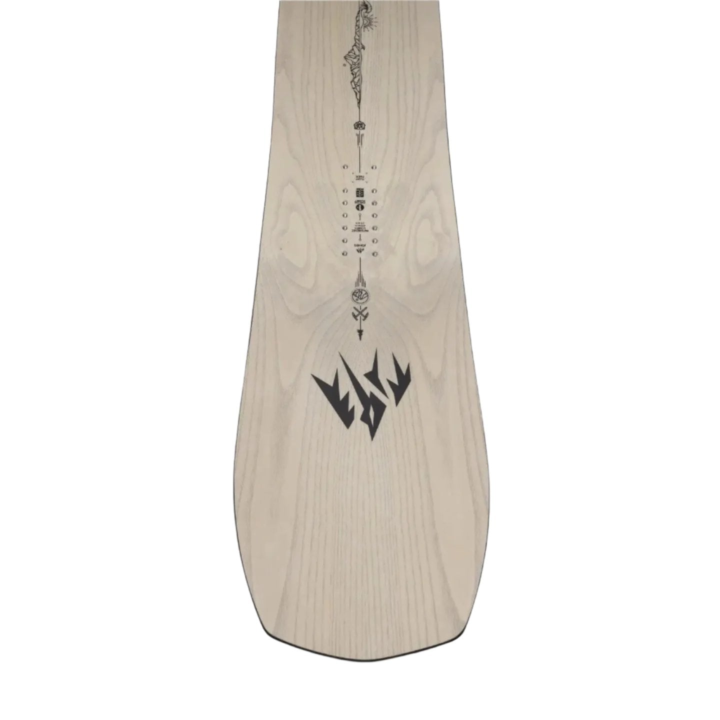 Jones Women's Flagship Snowboard 2025 - A light-colored snowboard with a black logo featuring three pointed shapes resembling mountains, positioned near the bottom of the board.