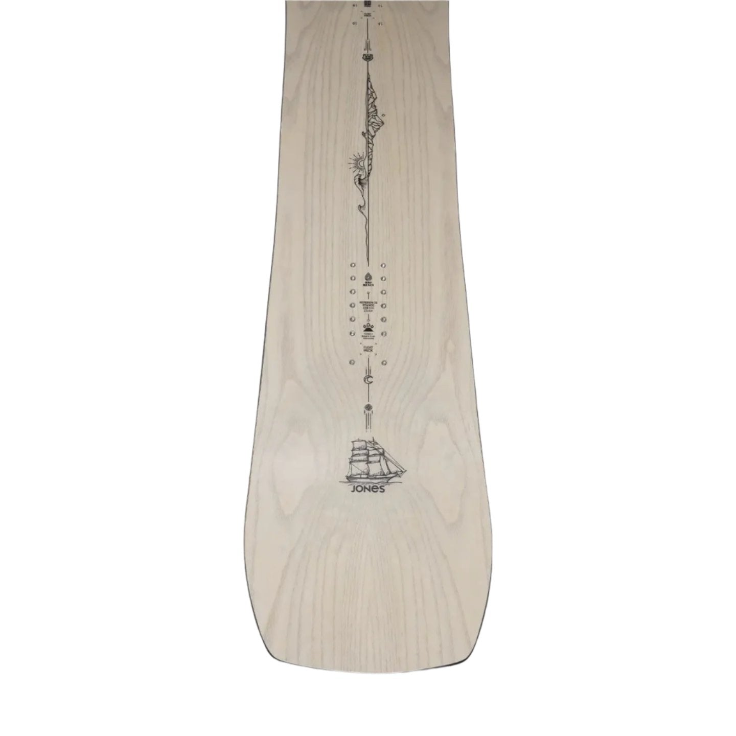 Jones Women's Flagship Snowboard 2025 - A light-colored snowboard with a black logo on top and a black stripe down the middle.