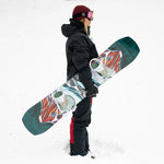 Jones Women's Twin Sister Snowboard 2025 - A snowboard with a white base and blue, red, and orange abstract design on top.