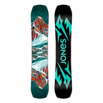 Jones Women's Twin Sister Snowboard 2025 - A snowboard with a white base and red, orange, and blue abstract design on top.