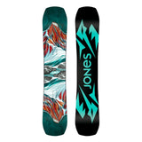Jones Women's Twin Sister Snowboard 2025 - A snowboard with a white base and red, orange, and blue abstract design on top.