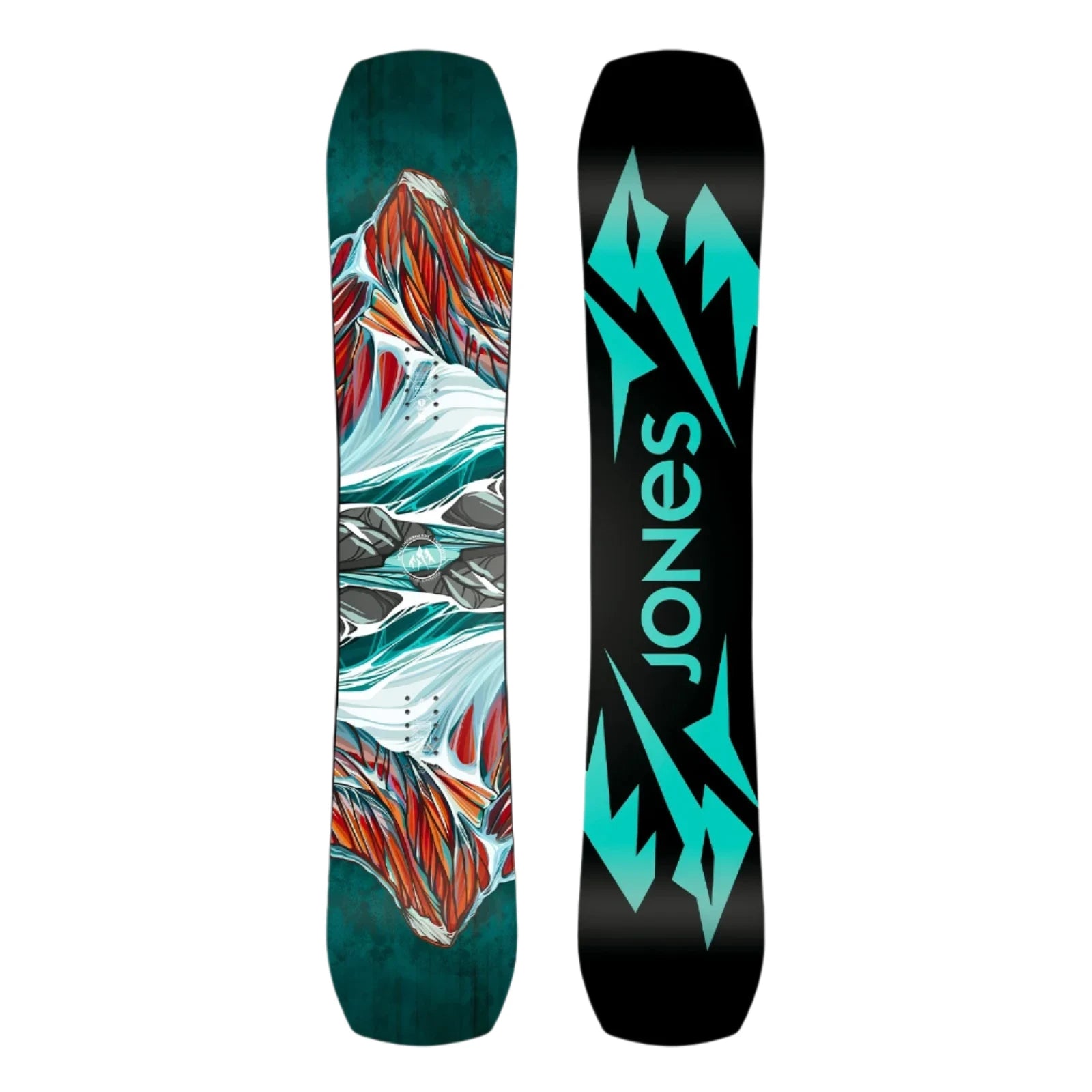 Jones Women's Twin Sister Snowboard 2025 - A snowboard with a white base and red, orange, and blue abstract design on top.