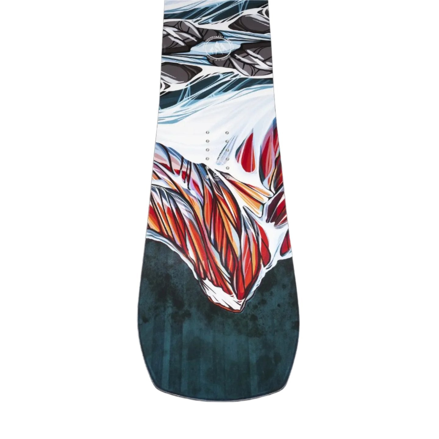 Jones Women's Twin Sister Snowboard 2025 - A white snowboard with a black and red abstract design on top of a dark blue background.