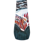 Jones Women's Twin Sister Snowboard 2025 - A white snowboard with a black and red abstract design on top of a dark blue background.