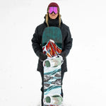 Jones Women's Twin Sister Snowboard 2025 - A snowboard with a white base and blue, red, and black abstract design on top.
