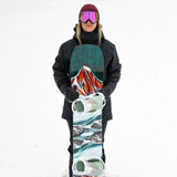 Jones Women's Twin Sister Snowboard 2025 - A snowboard with a white base and blue, red, and black abstract design on top.