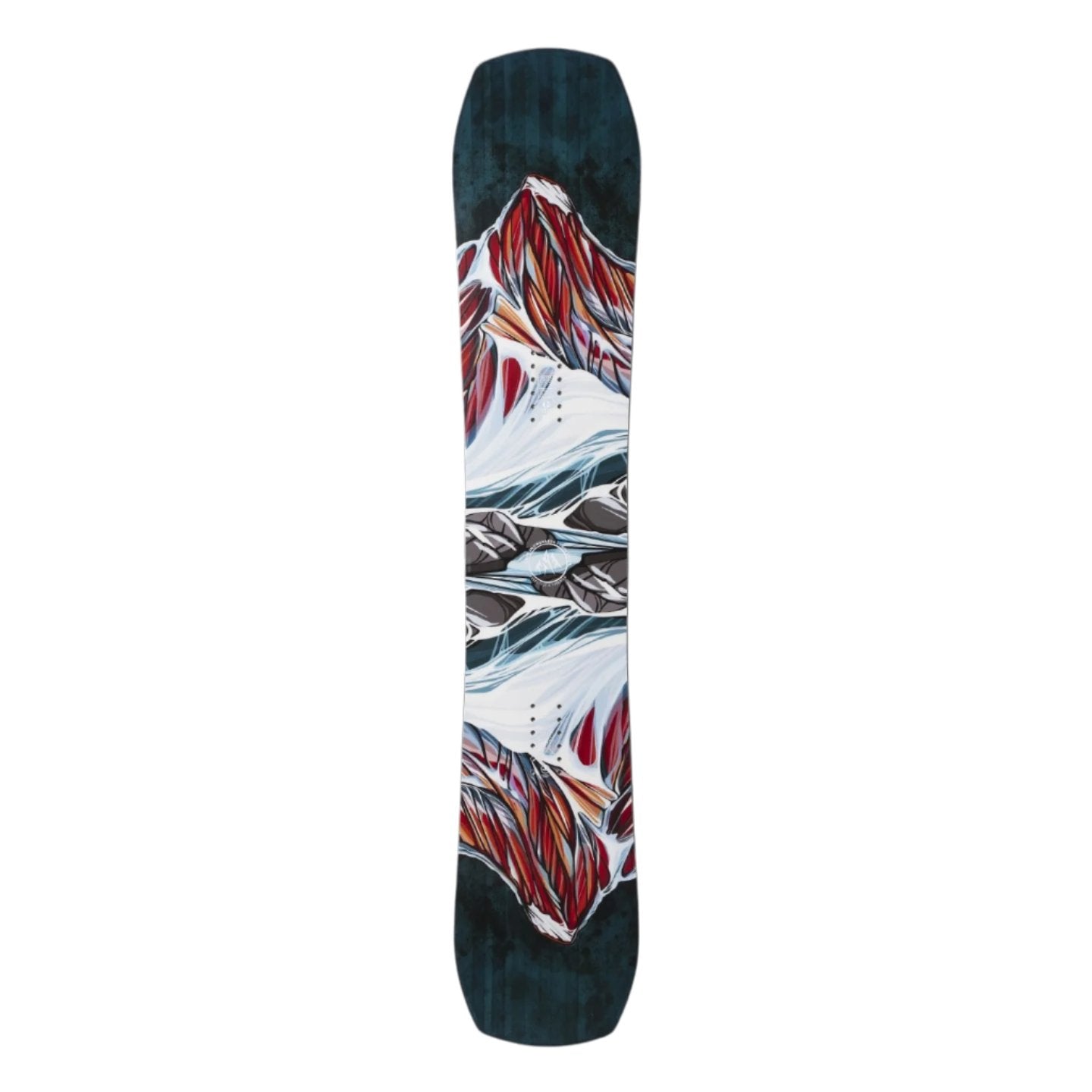 Jones Women's Twin Sister Snowboard 2025 - A snowboard with a white base and red, orange, and gray abstract design on top.