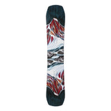 Jones Women's Twin Sister Snowboard 2025 - A snowboard with a white base and red, orange, and gray abstract design on top.