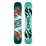 Jones Women's Twin Sister Snowboard 2025 - A snowboard with a white base and red, orange, and blue abstract design on top.