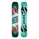 Jones Women's Twin Sister Snowboard 2025 - A snowboard with a white base and red, orange, and blue abstract design on top.