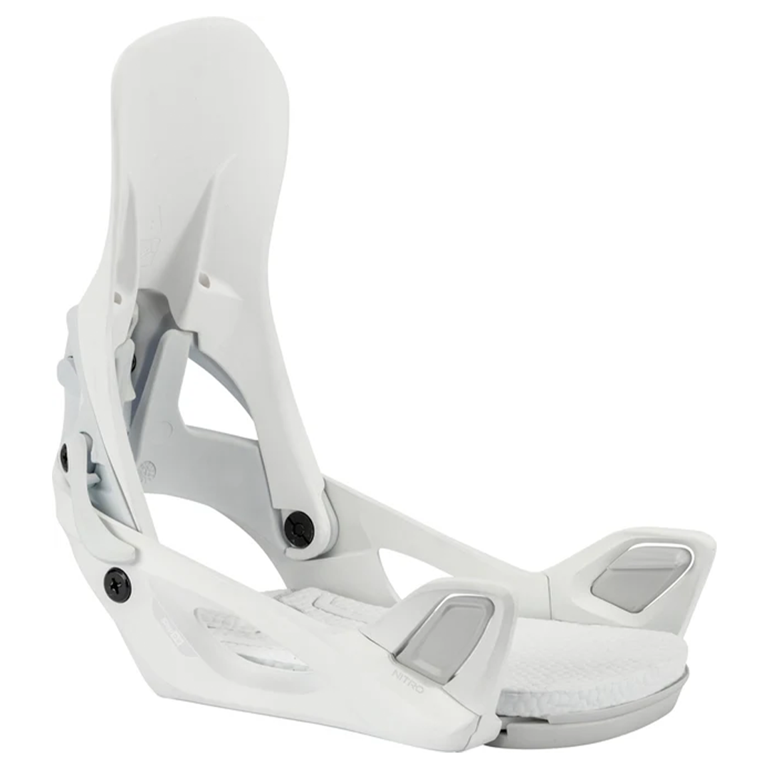 Nitro Women's Step On Snowboard Bindings - White bindings with black screws and a silver logo on the top left of the binding.