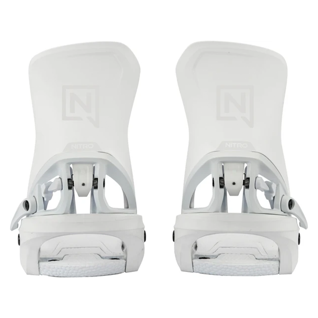 Nitro Women's Step On Snowboard Bindings - White bindings with black screws and a gray logo on top of each binding.