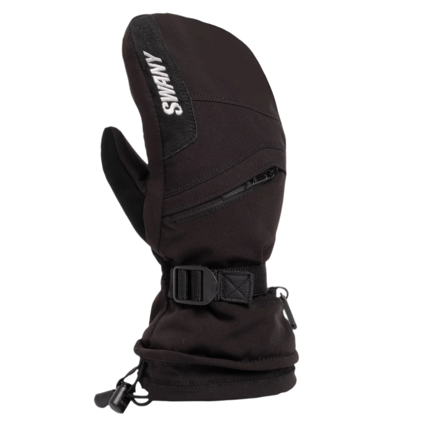 Swany Women's X-Over Mitt 2025 - A black mitt with a zippered pocket on the back and a strap that wraps around the wrist.