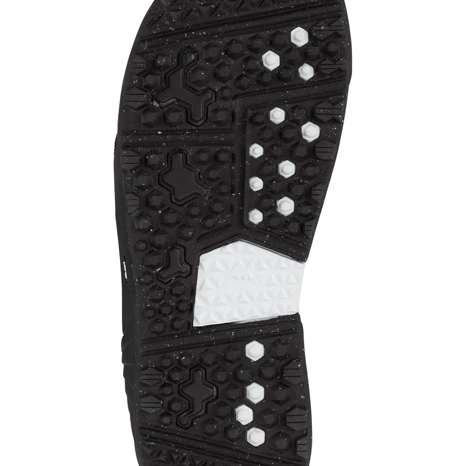 Black snowboard boot outsole with textured tread and hex traction pads.