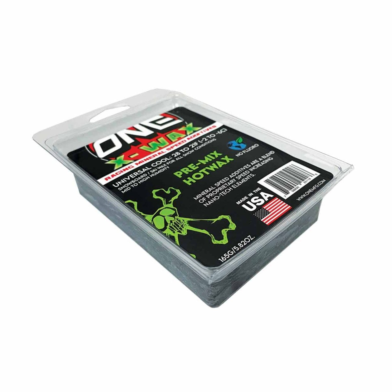 Oneball X-Wax Cool 28 - 21F 2025 - A black wax block with a white logo and red, green, and blue accents.