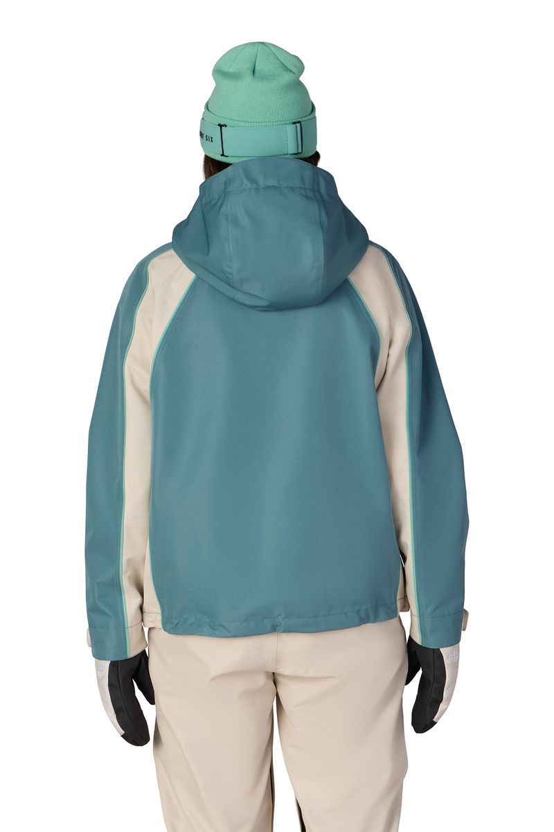 Back view of teal and cream hooded shell jacket with full-zip design