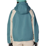 Back view of teal and cream hooded shell jacket with full-zip design