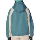 Back view of teal and cream hooded shell jacket with full-zip design