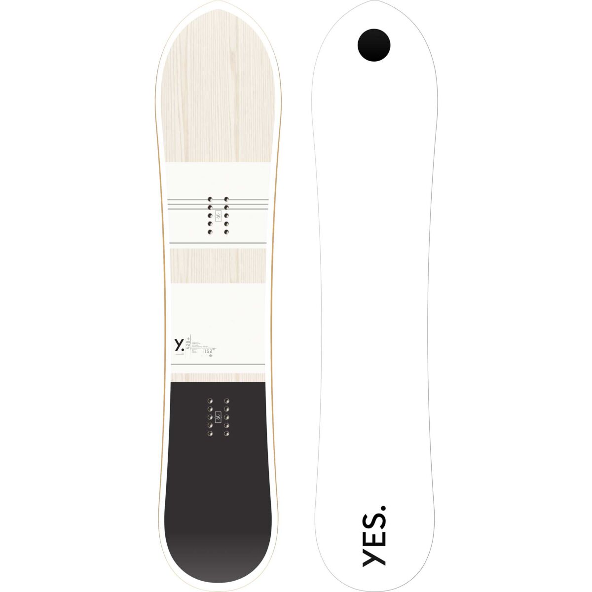 The Yes brand Pro 20 snowboard is pictured from above in white with black accents.
