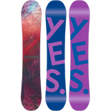 The Yes brand Hello snowboard in the image has a navy blue base with purple lettering and a twin tip design.