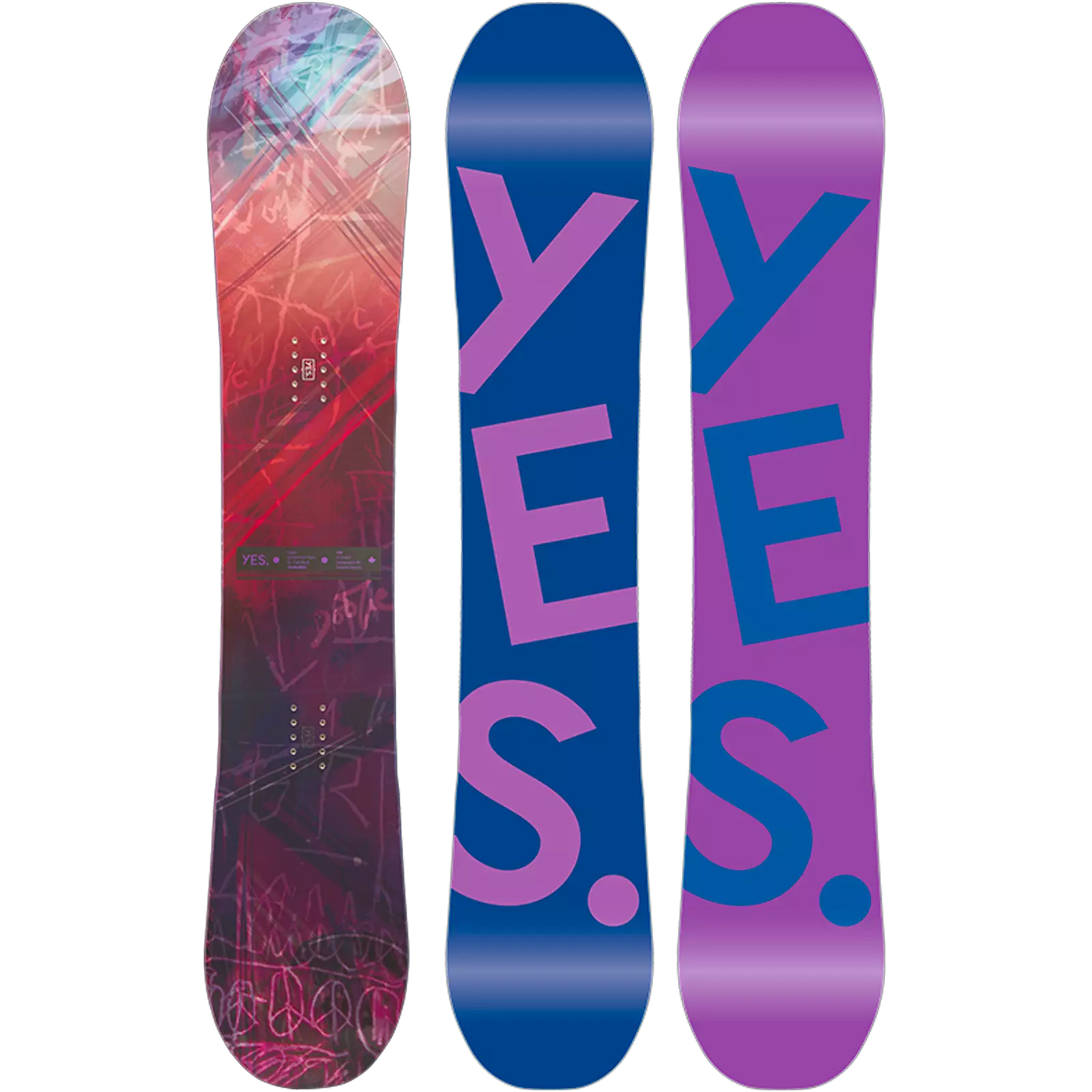 The Yes brand Hello snowboard in the image has a navy blue base with purple lettering and a twin tip design.