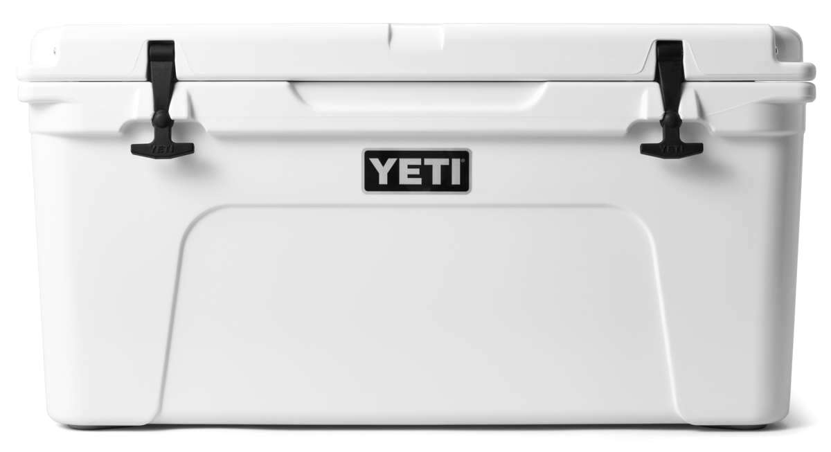 Yeti Tundra 65 Cooler - A large, white cooler with a black handle on top and a silver latch in the middle.