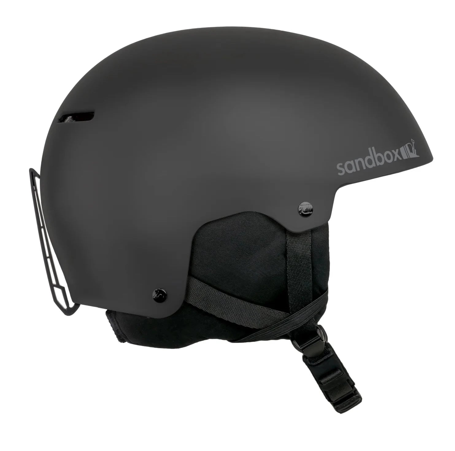 Sandbox Junior's Icon Snow Helmet 2025 - A black helmet with a white logo on the side and a chin strap.