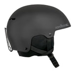 Sandbox Junior's Icon Snow Helmet 2025 - A black helmet with a white logo on the side and a chin strap.