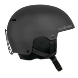 Sandbox Junior's Icon Snow Helmet 2025 - A black helmet with a white logo on the side and a chin strap.