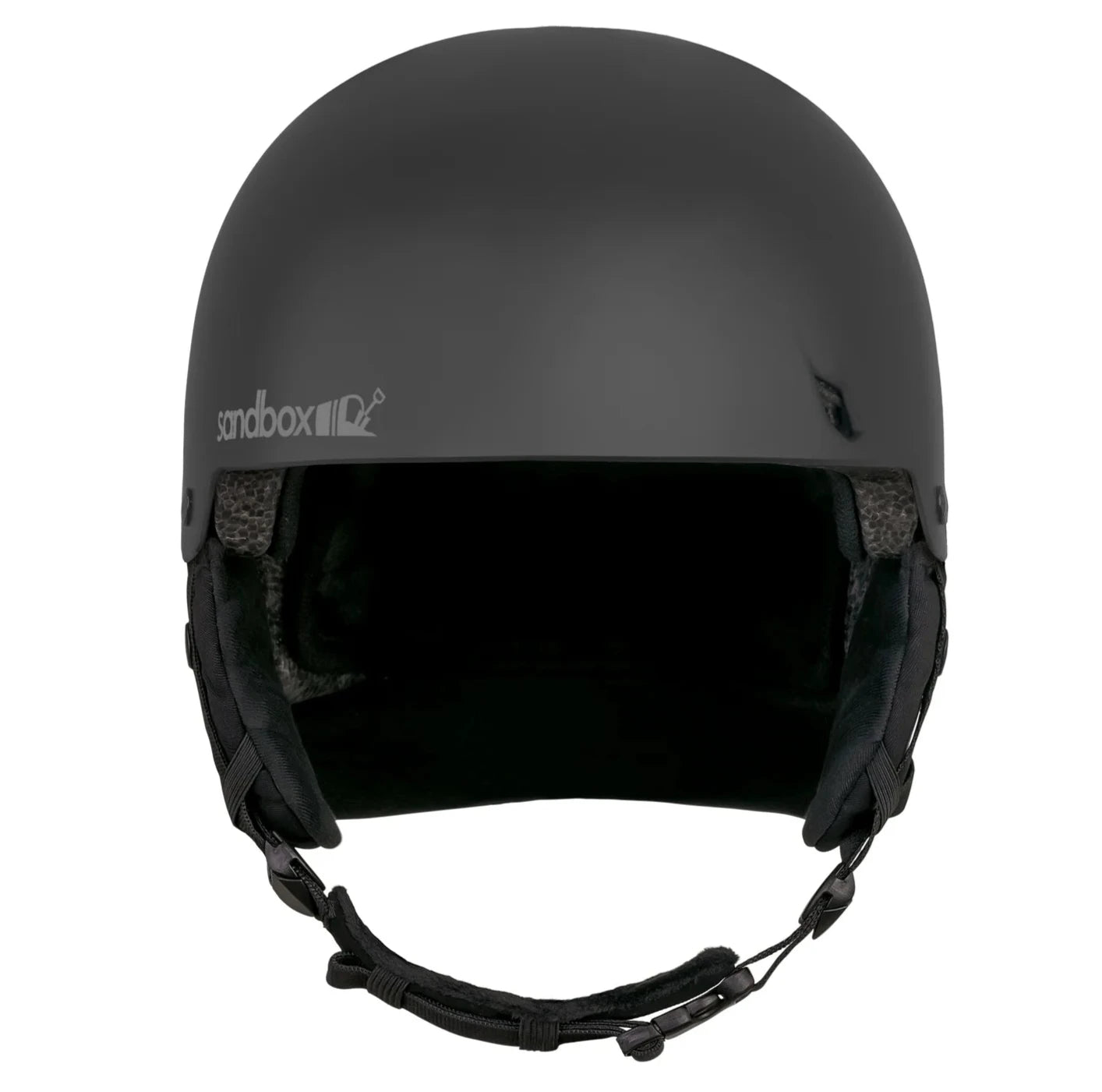 Sandbox Junior's Icon Snow Helmet 2025 - A black helmet with a white logo on the front and a chin strap.