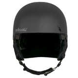 Sandbox Junior's Icon Snow Helmet 2025 - A black helmet with a white logo on the front and a chin strap.