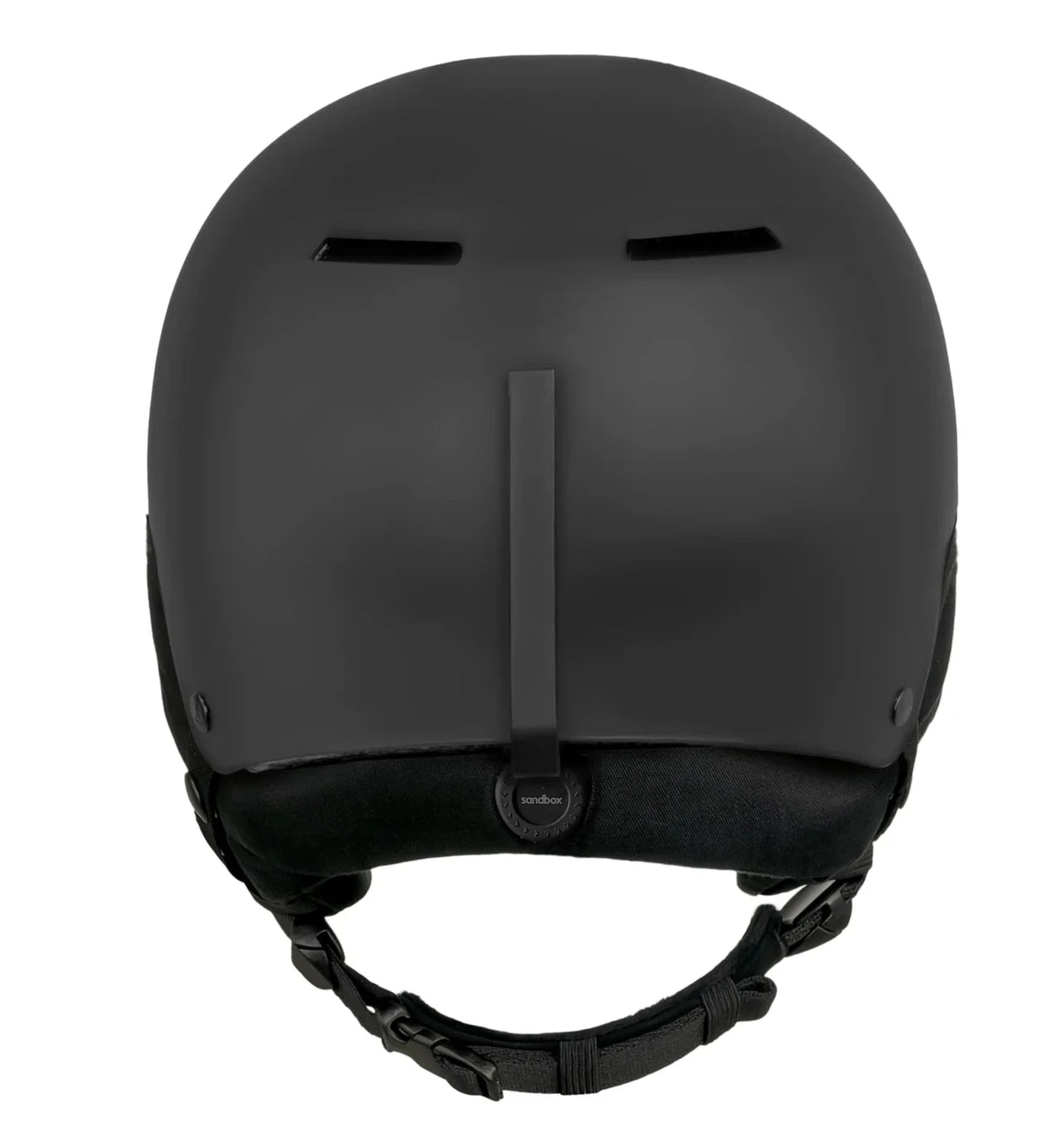 Sandbox Junior's Icon Snow Helmet 2025 - A black helmet with a sleek, aerodynamic design and a prominent Sandbox logo on the front.